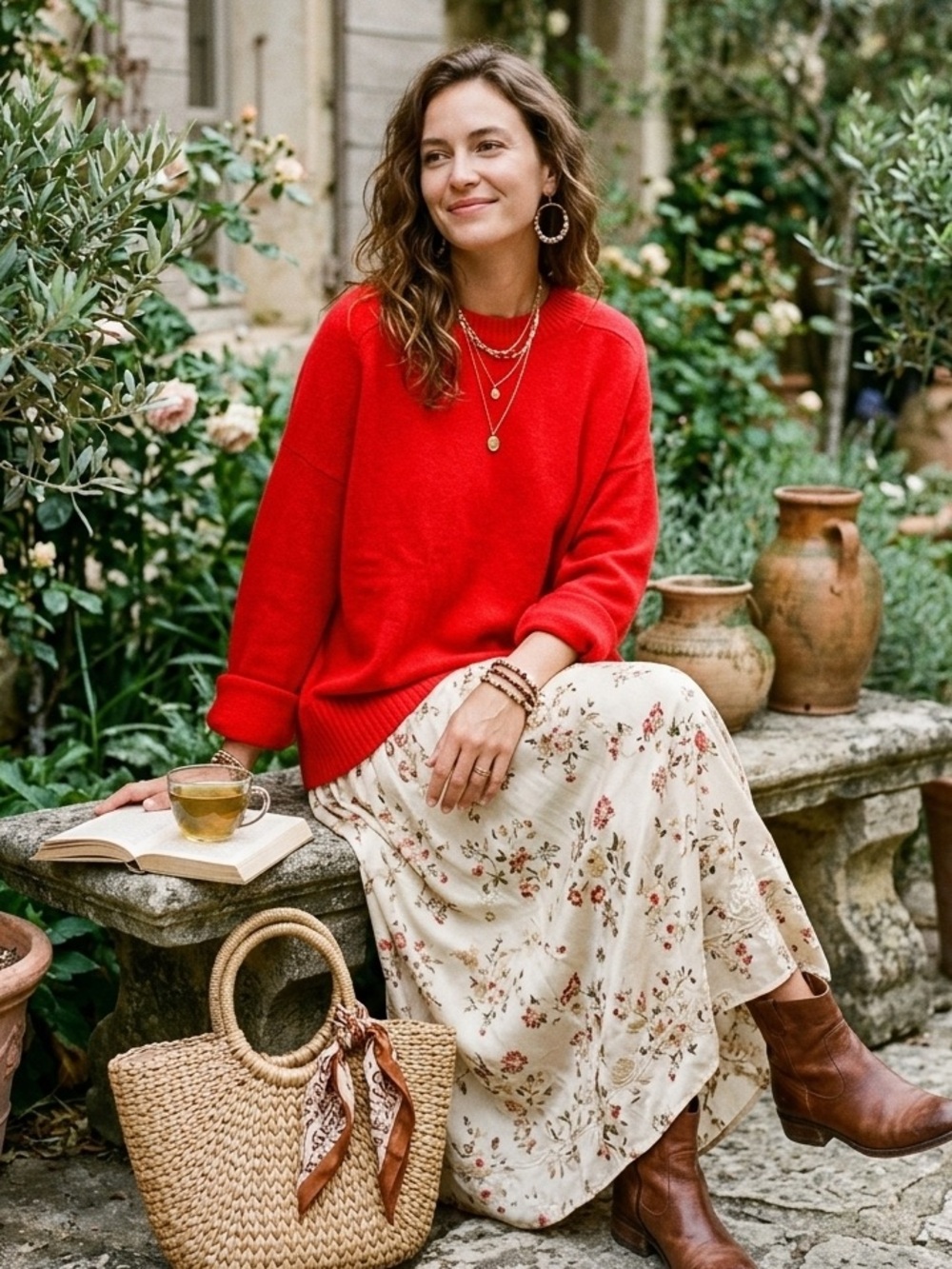 Anthropologie ✨ Red Cashmere Pullover Relaxed Fit Crew Neck Sweater ✨